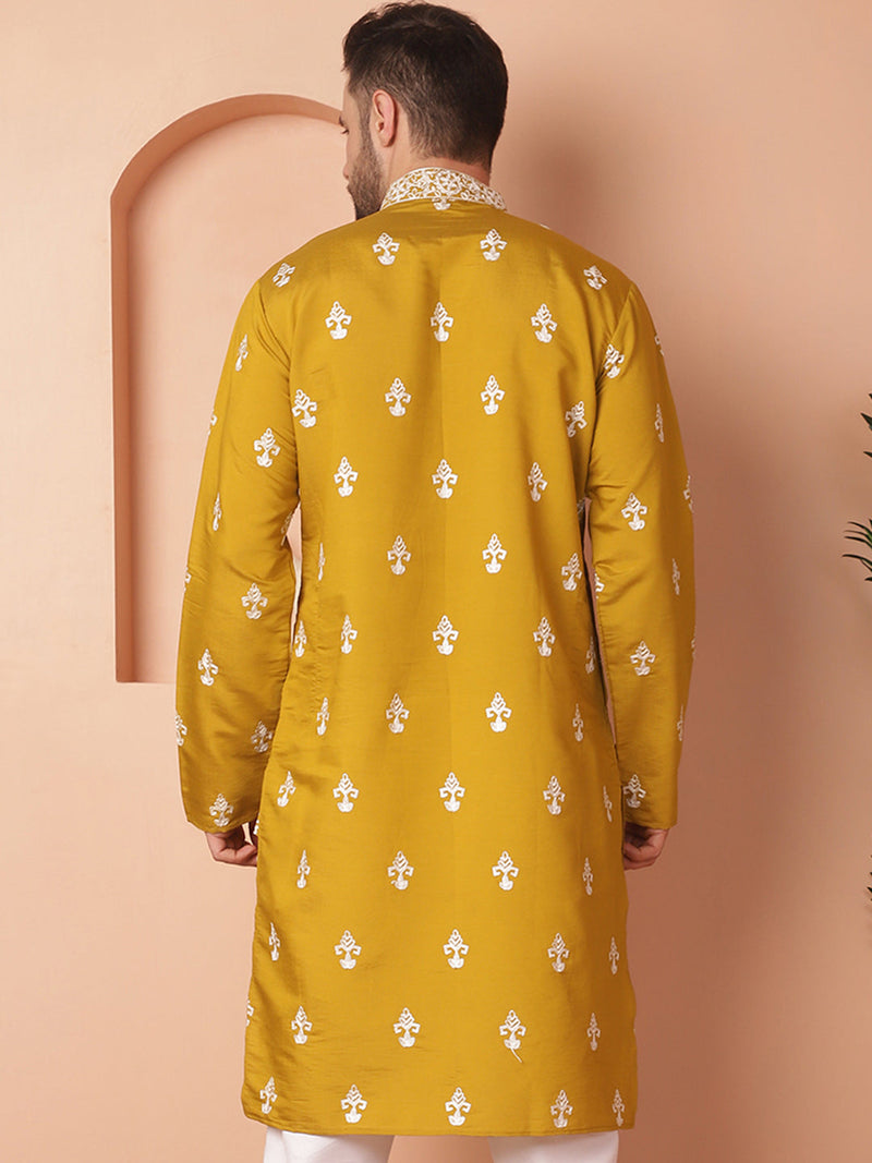 Men's Mustard Chikankari Embroidered Kurtas