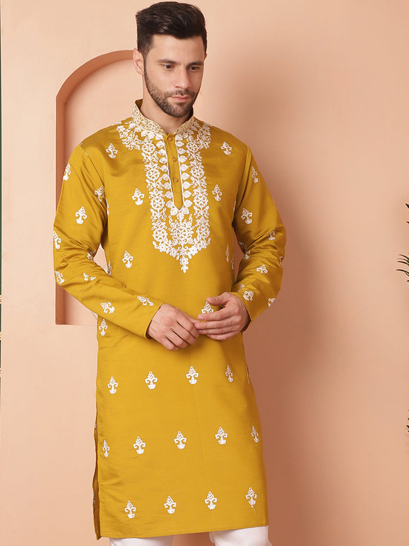 Men's Mustard Chikankari Embroidered Kurtas