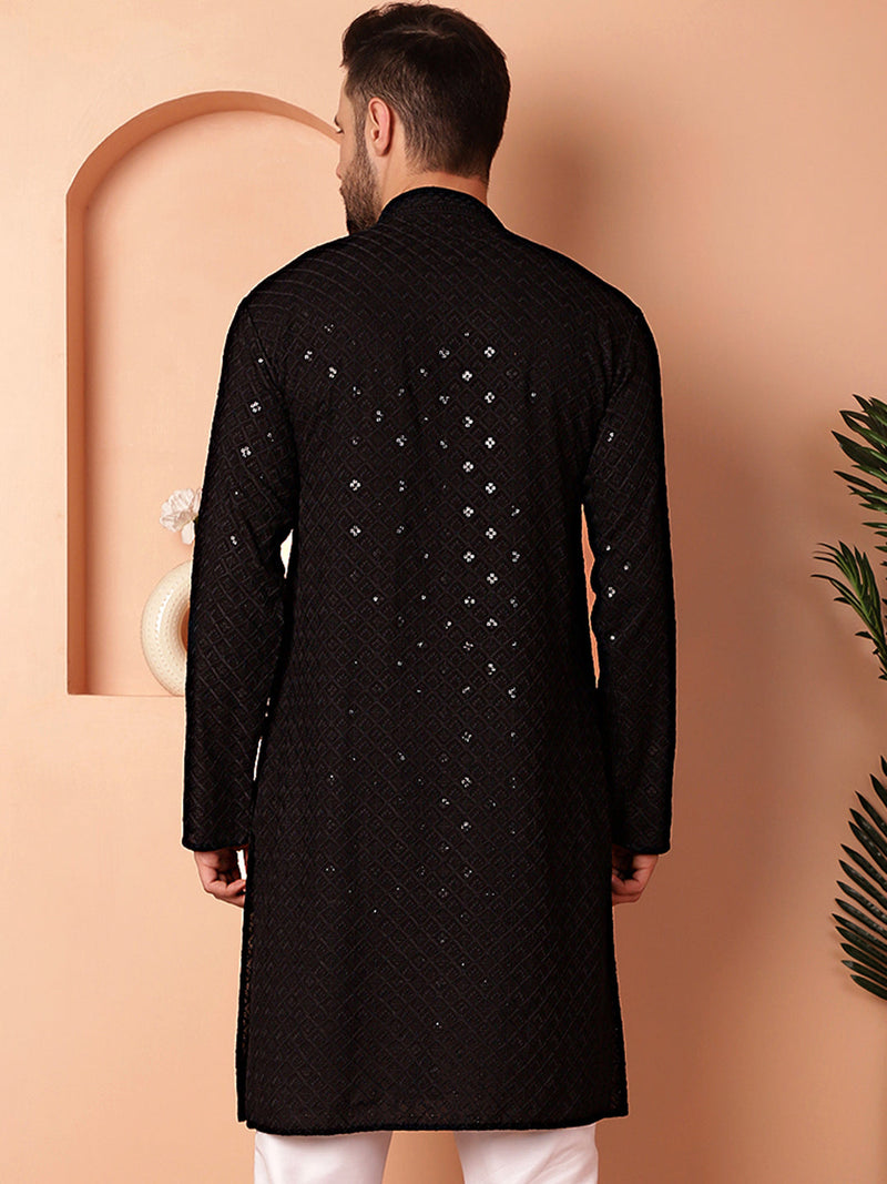 Men's Black Embroidered and Sequence Kurtas