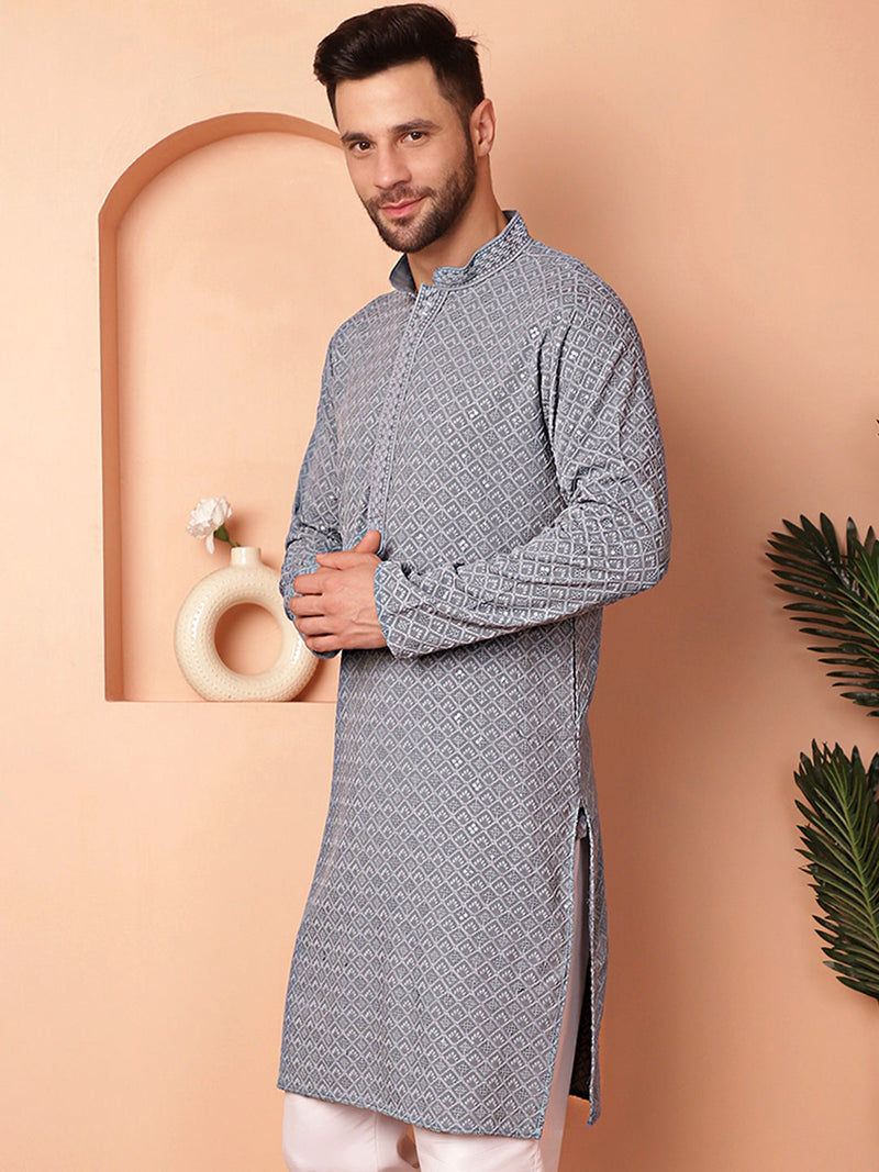 Men's Grey Embroidered and Sequence Kurtas