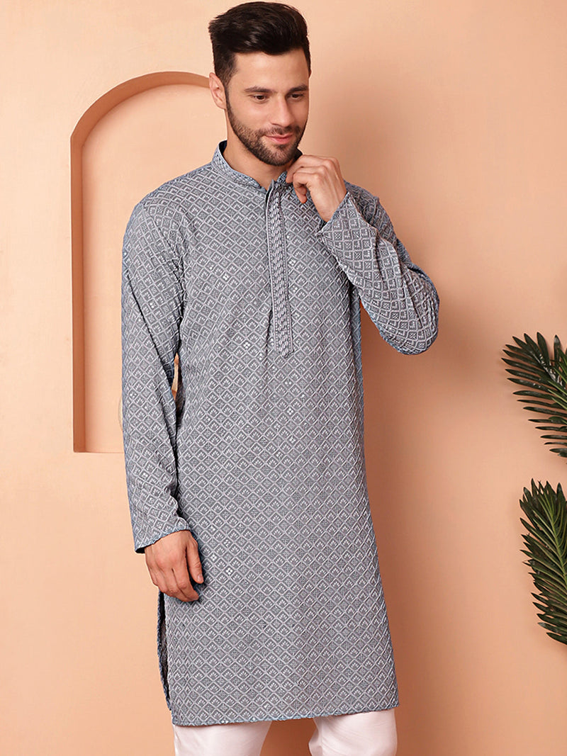 Men's Grey Embroidered and Sequence Kurtas