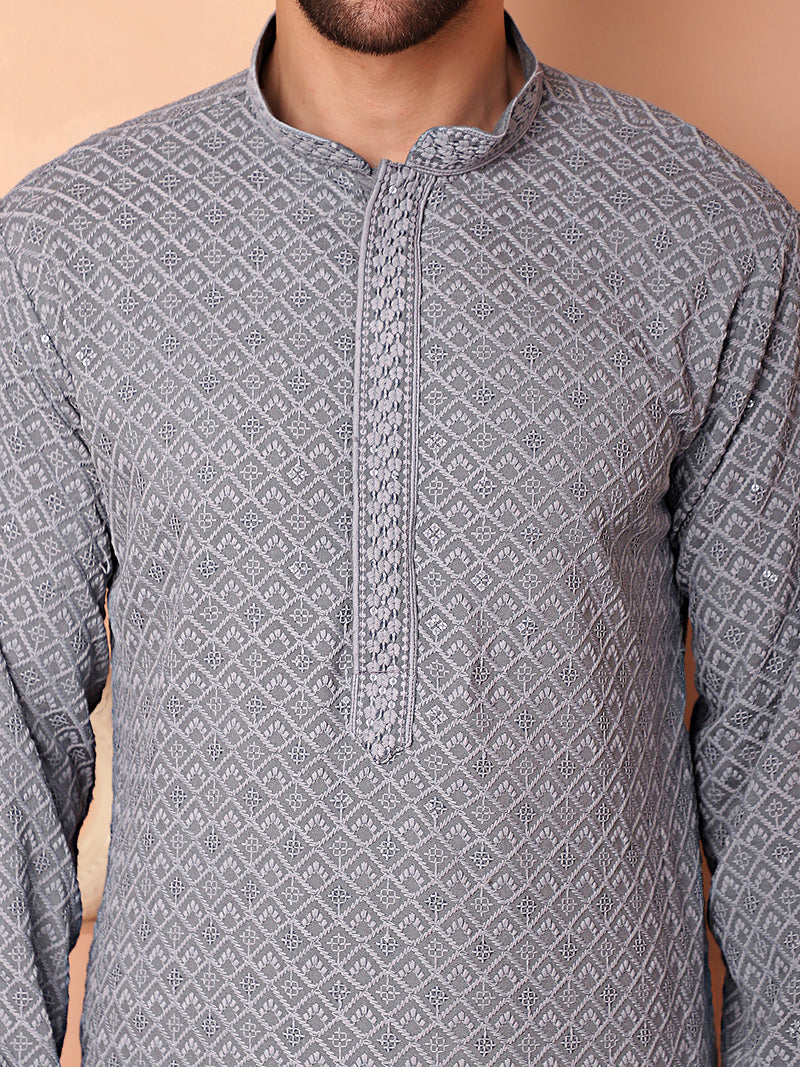 Men's Grey Embroidered and Sequence Kurtas