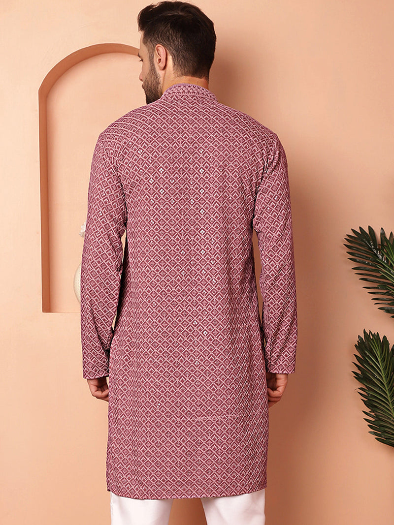 Men's Magenta Embroidered and Sequence Kurtas