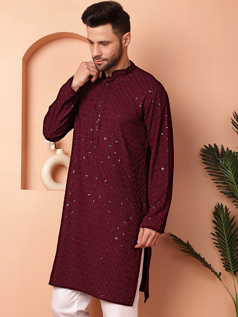 Men's Purple Embroidered and Sequence Kurtas