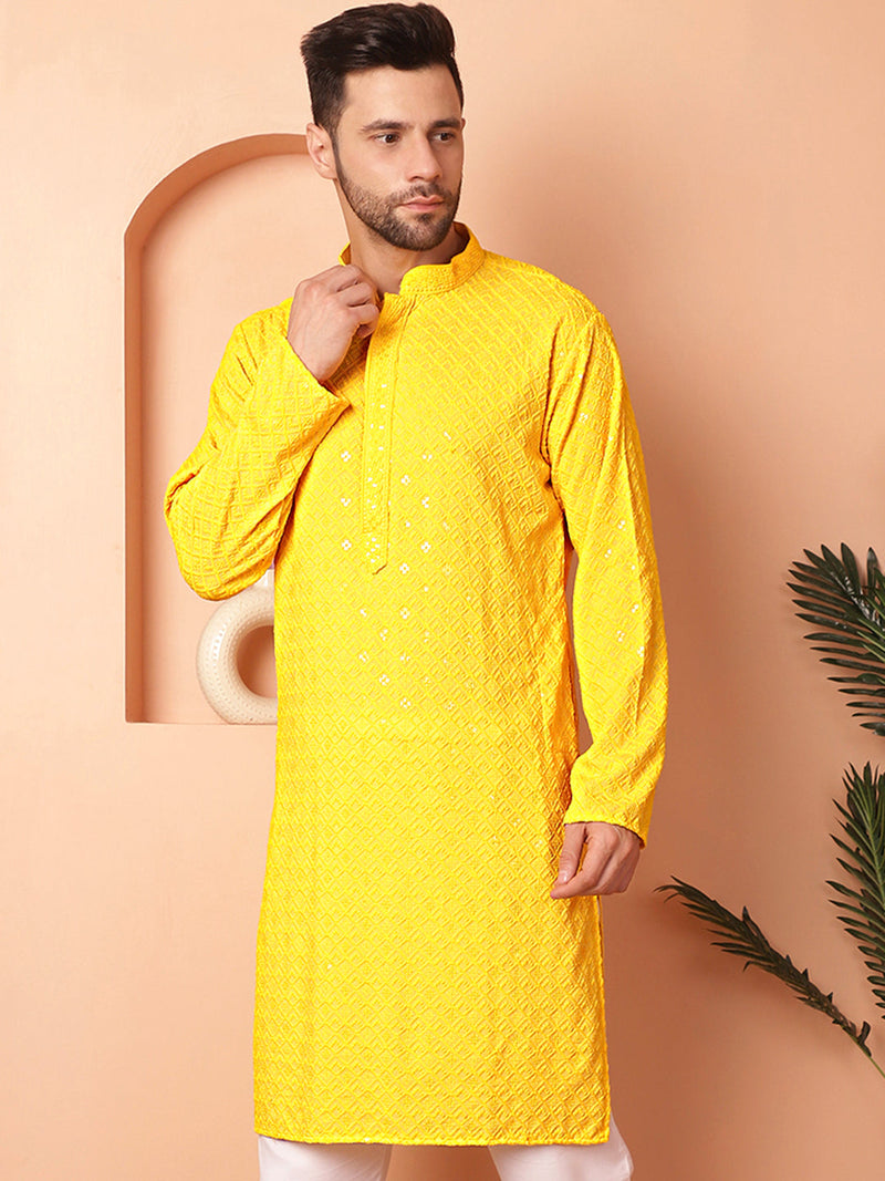 Men's Yellow Embroidered and Sequence Kurtas