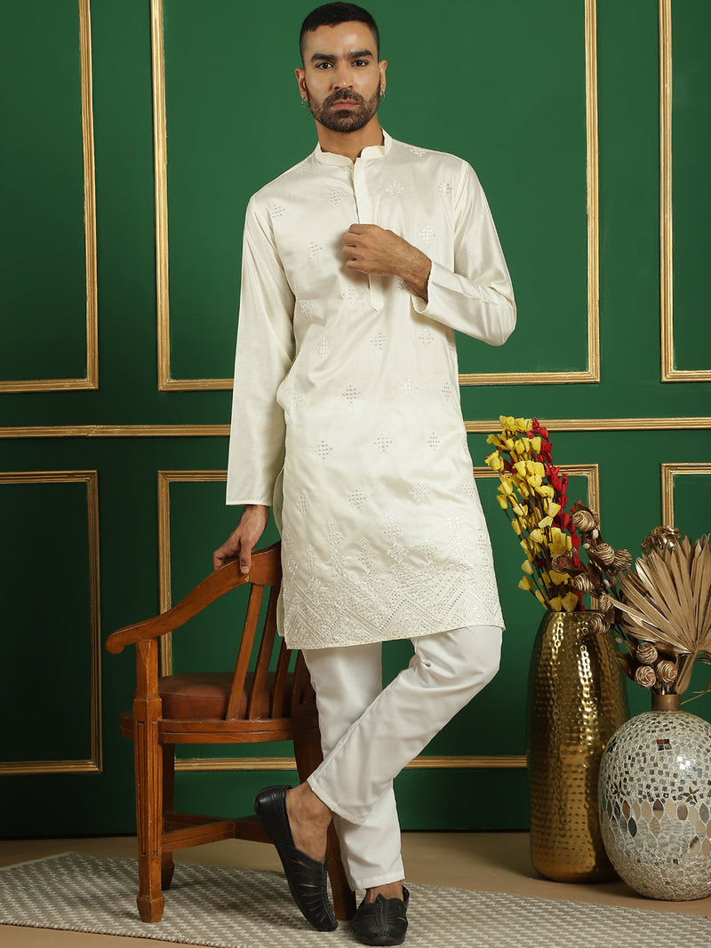 Men Pista Green Embroidered and Sequence Kurtas