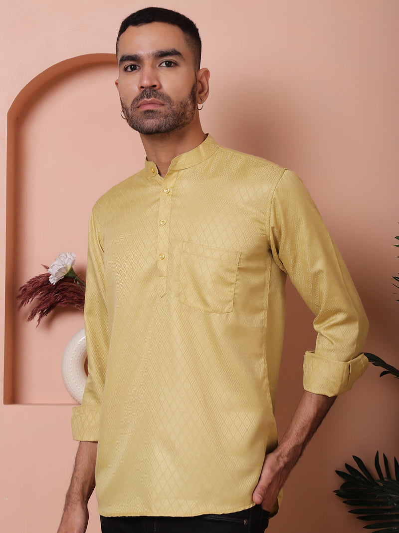 Beige Woven Design Short Kurta for Men