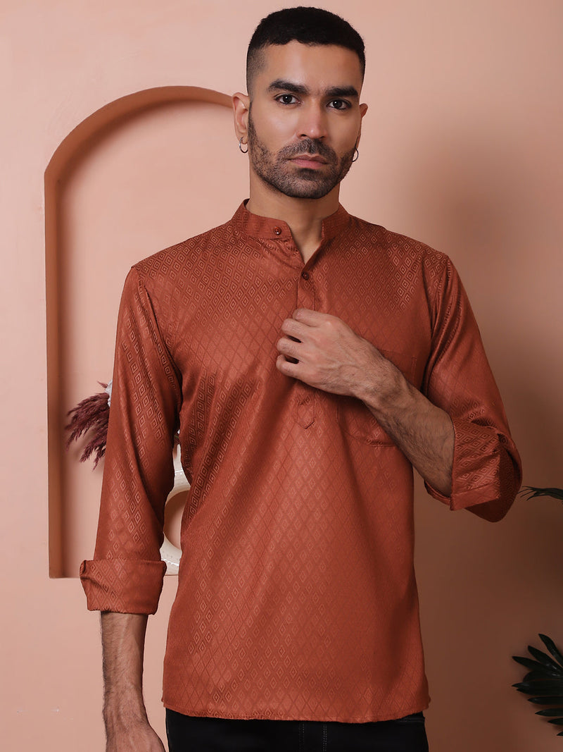 White Woven Design Short Kurta for Men