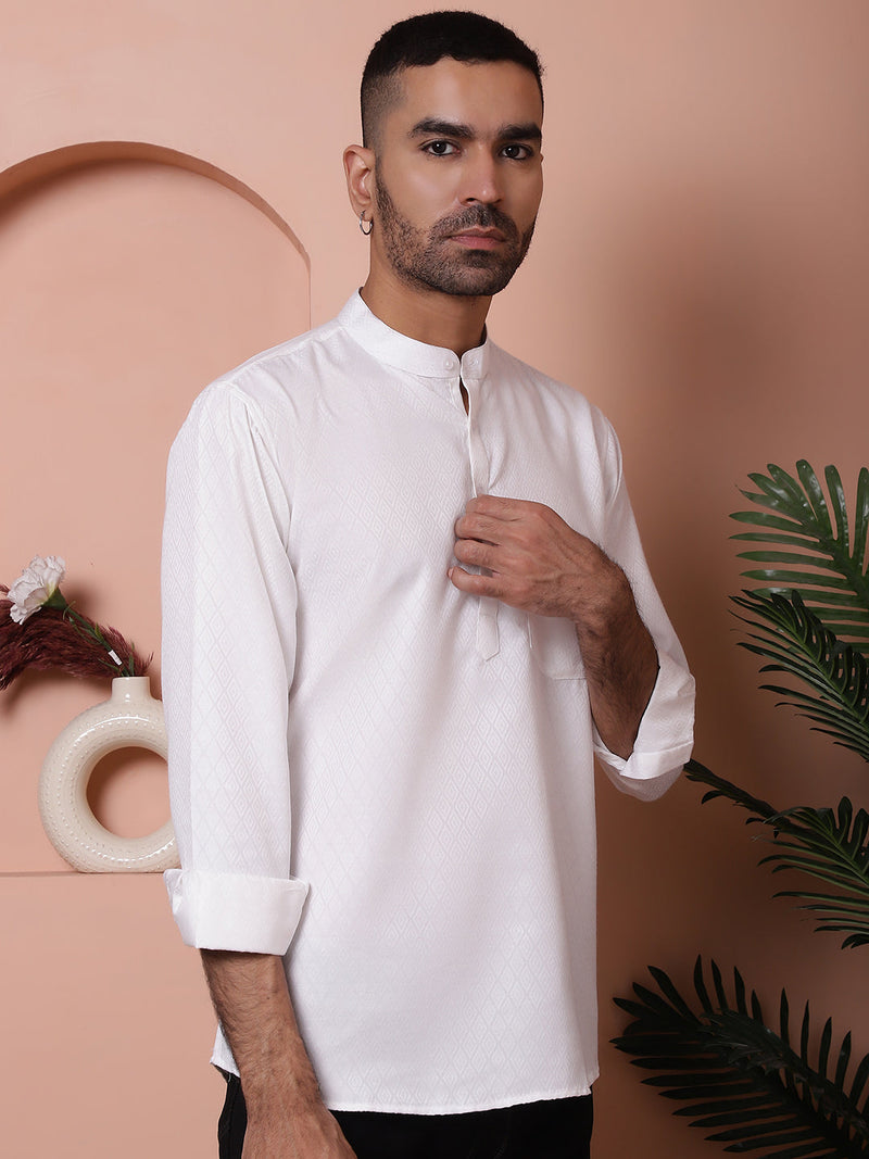 White Woven Design Short Kurta for Men