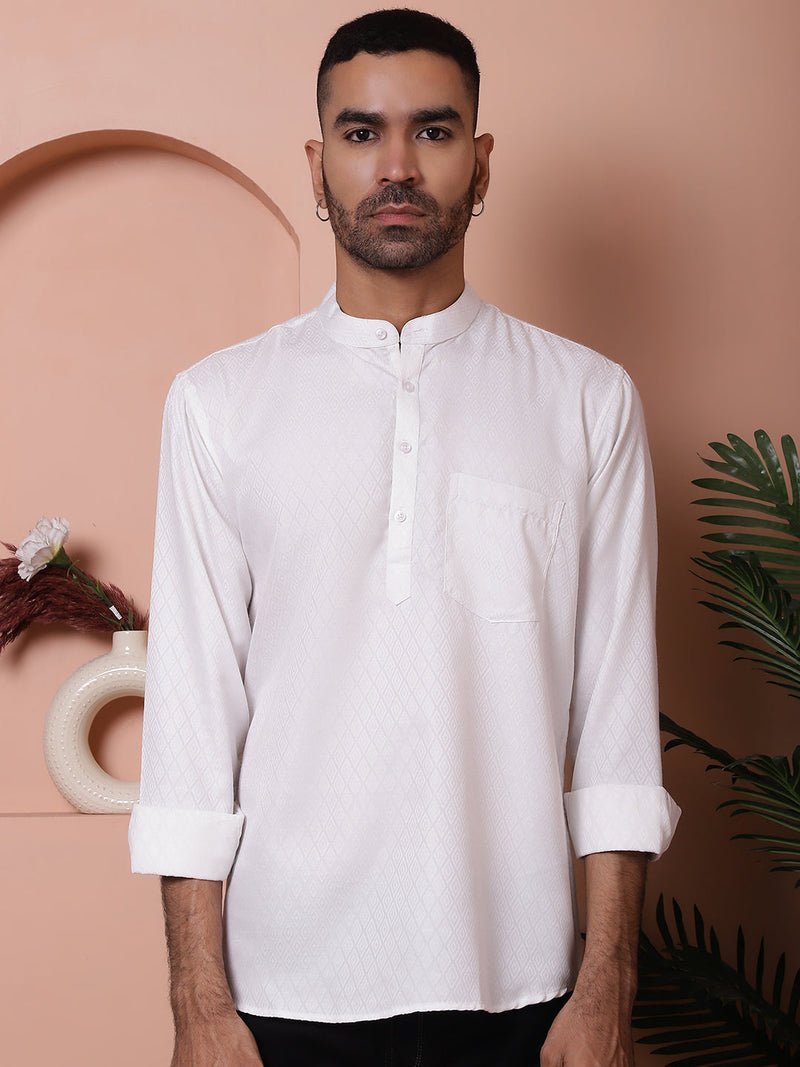 White Woven Design Short Kurta for Men