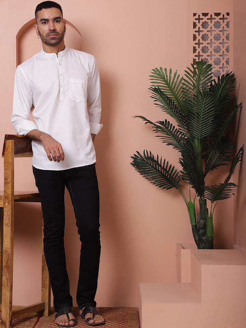 White Woven Design Short Kurta for Men