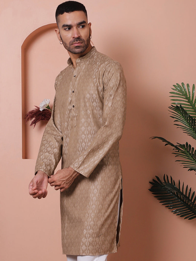 Men Brown Woven Design Cotton Kurtas