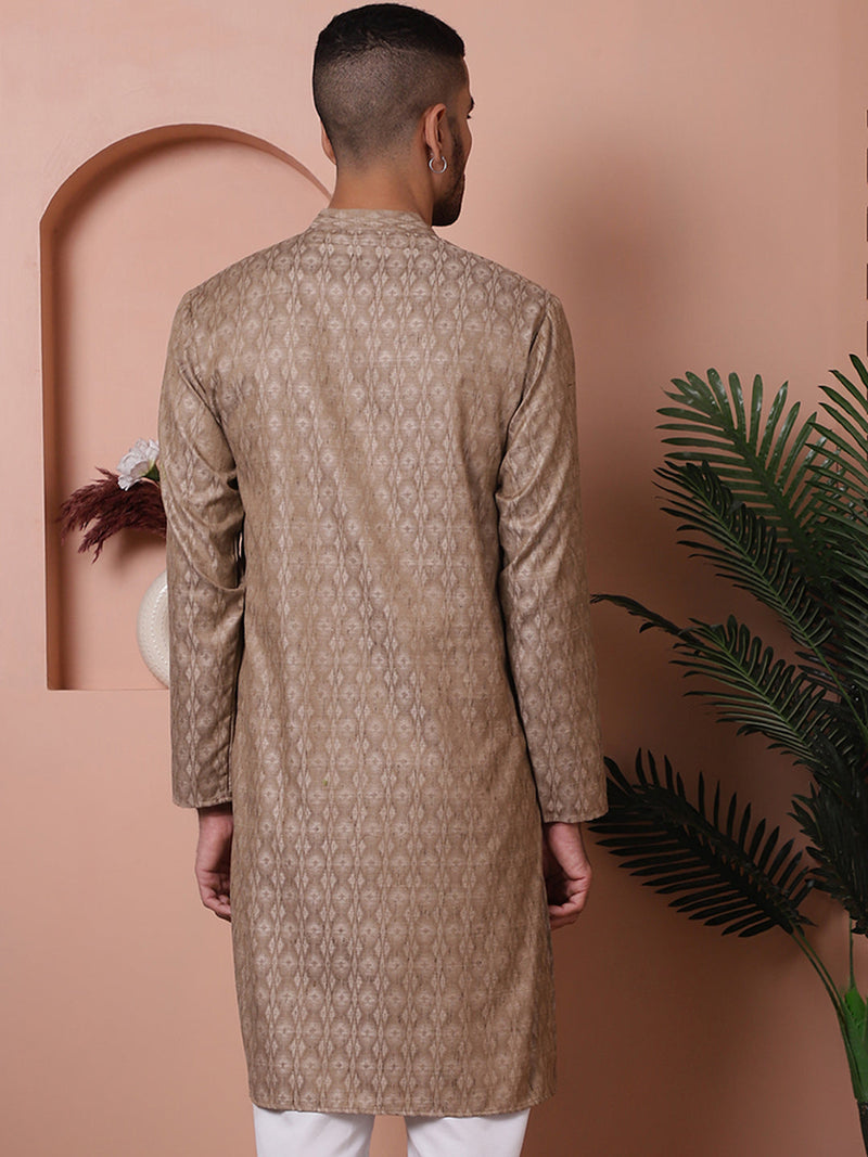 Men Brown Woven Design Cotton Kurtas