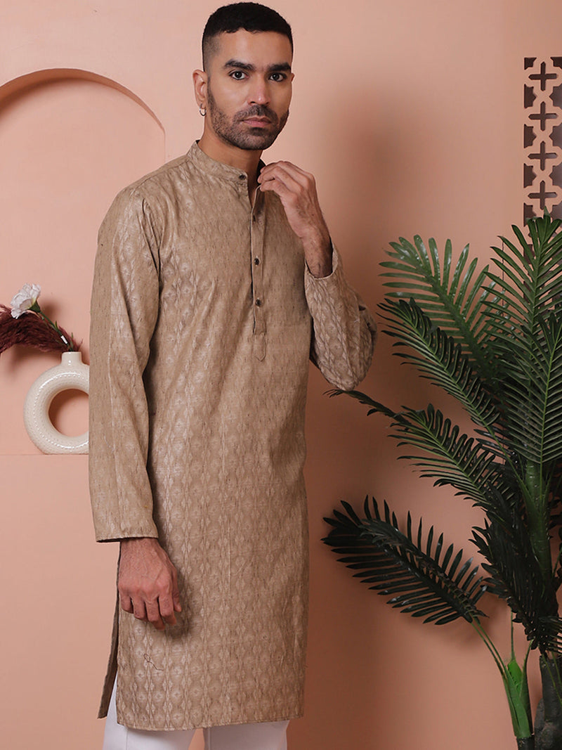 Men Brown Woven Design Cotton Kurtas