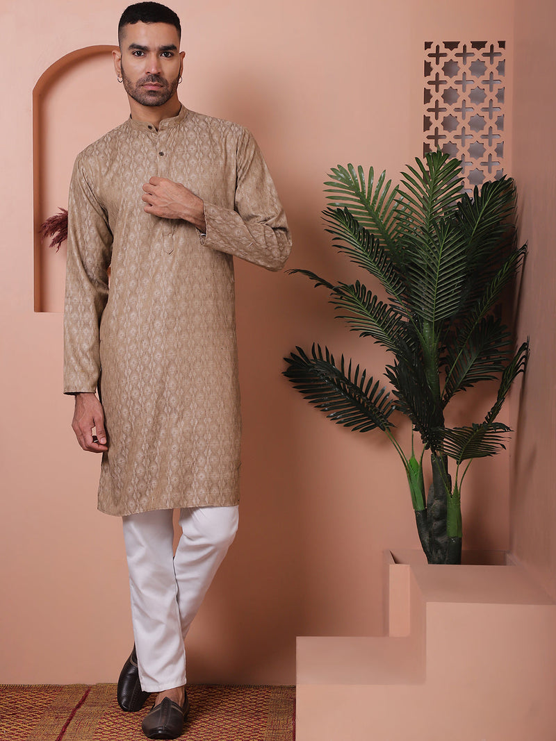 Men Brown Woven Design Cotton Kurtas