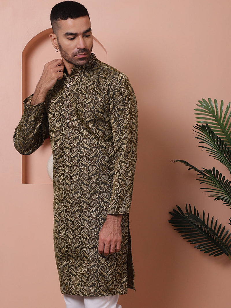 Men Black Silk Blend Straight Kurtas