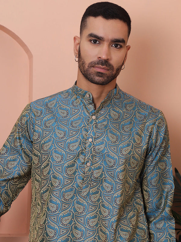 Men Blue Silk Blend Straight Kurtas