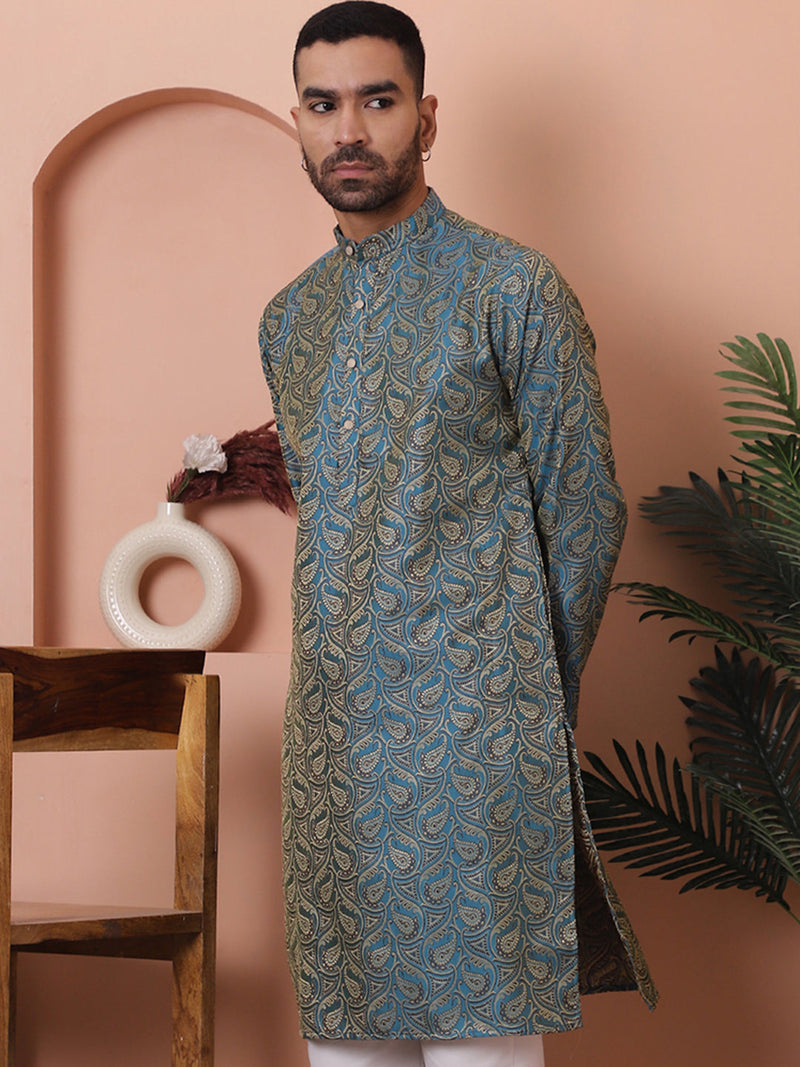 Men Blue Silk Blend Straight Kurtas