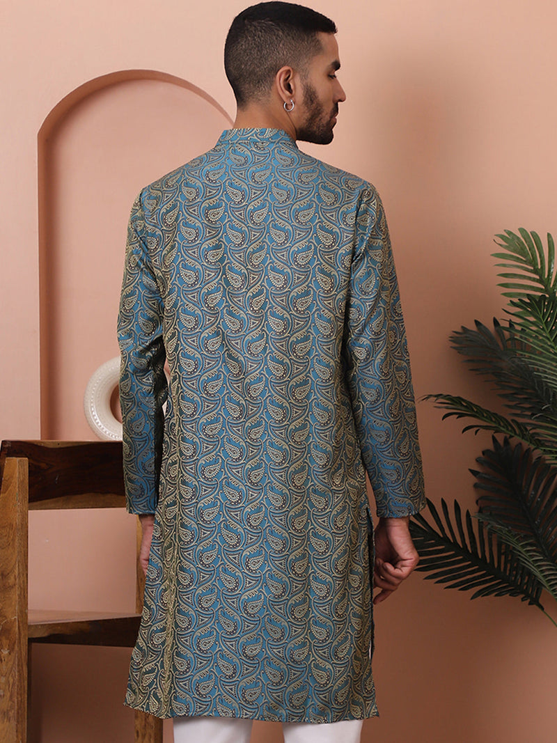 Men Blue Silk Blend Straight Kurtas