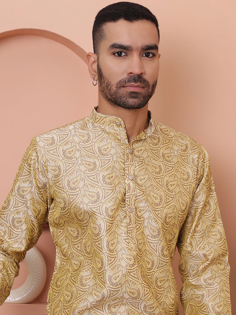 Men Golden Silk Blend Straight Kurtas