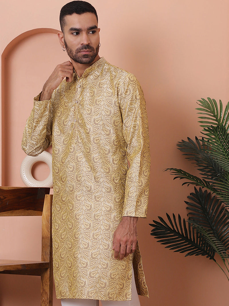 Men Golden Silk Blend Straight Kurtas