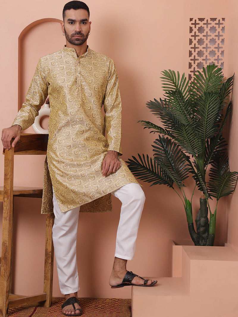 Men Golden Silk Blend Straight Kurtas