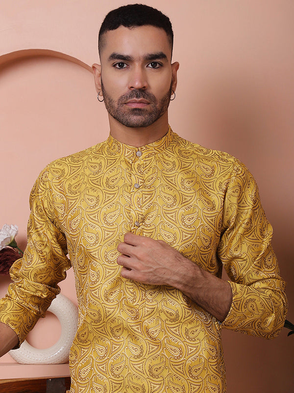 Men Yellow Silk Blend Straight Kurtas