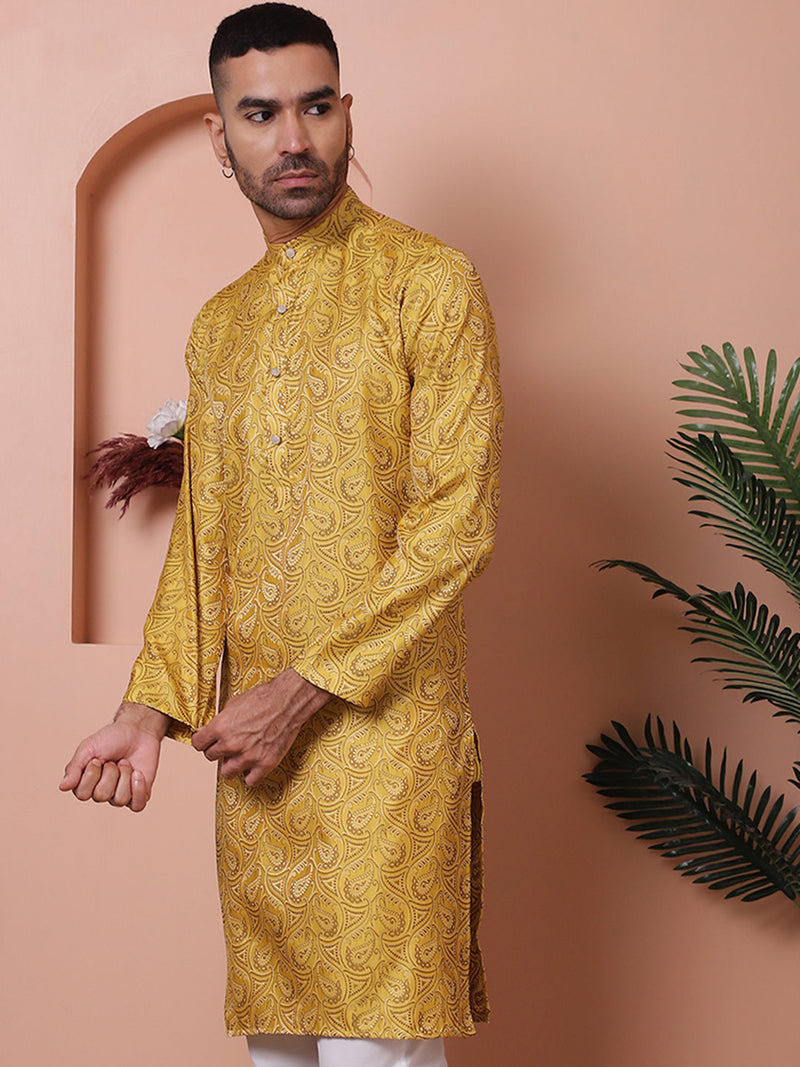 Men Yellow Silk Blend Straight Kurtas