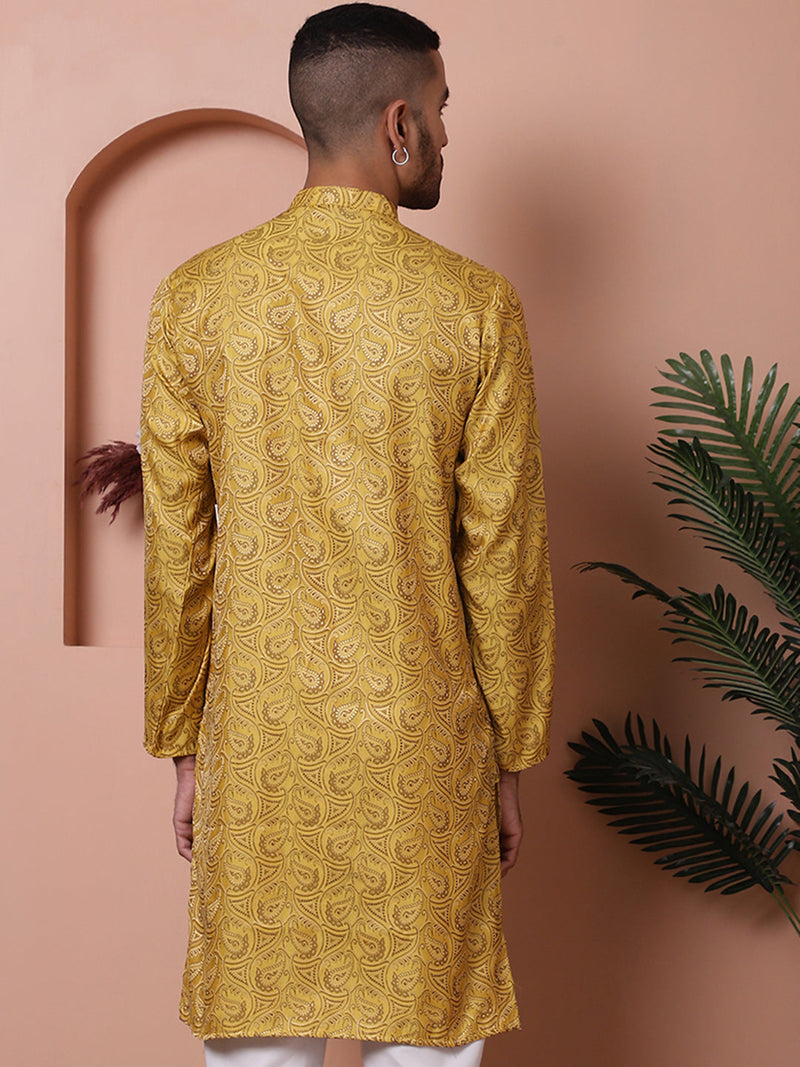 Men Yellow Silk Blend Straight Kurtas