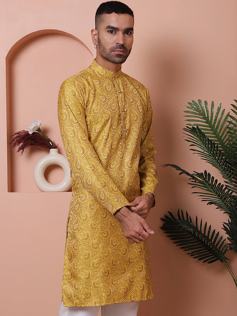 Men Yellow Silk Blend Straight Kurtas