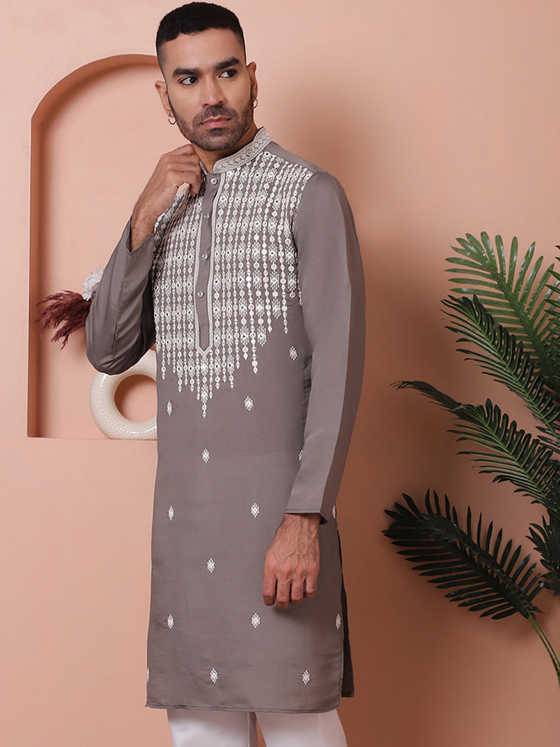 Grey Embroidered With Mirror Work Silk Kurta