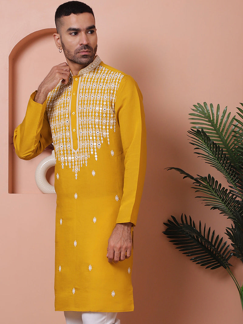 Mustard Embroidered With Mirror Work Silk Kurta