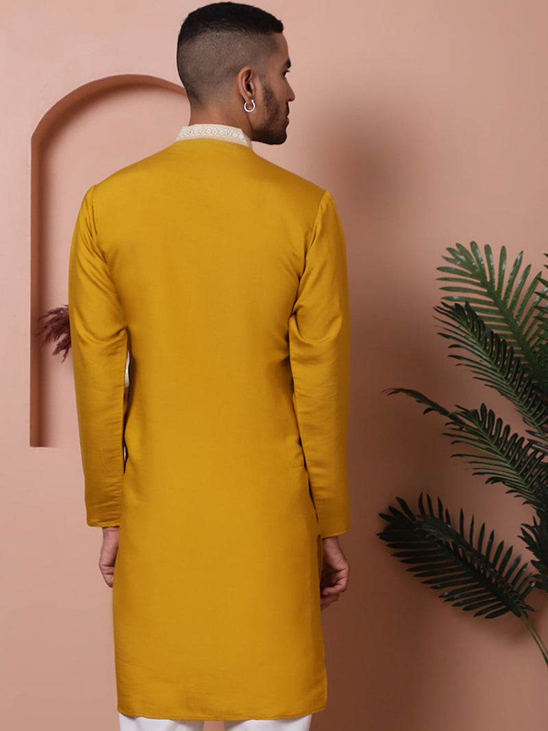 Mustard Embroidered With Mirror Work Silk Kurta