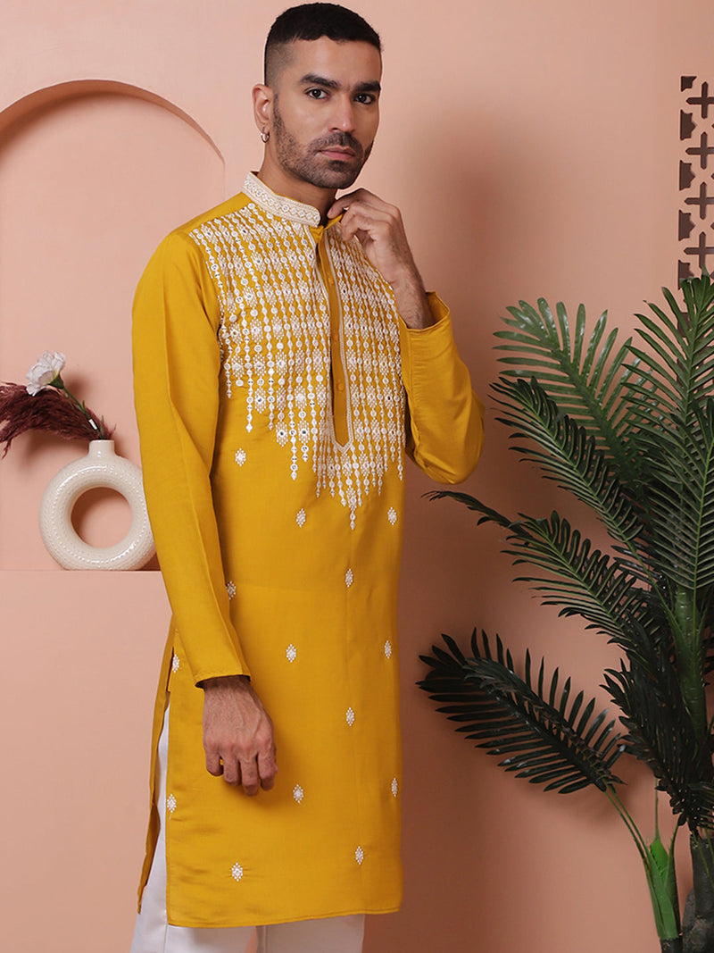 Mustard Embroidered With Mirror Work Silk Kurta