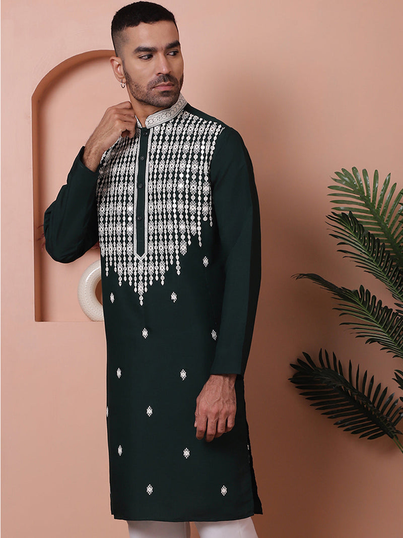 Olive Green Embroidered With Mirror Work Silk Kurta