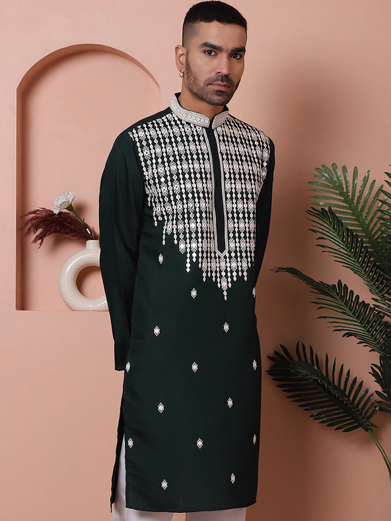 Olive Green Embroidered With Mirror Work Silk Kurta