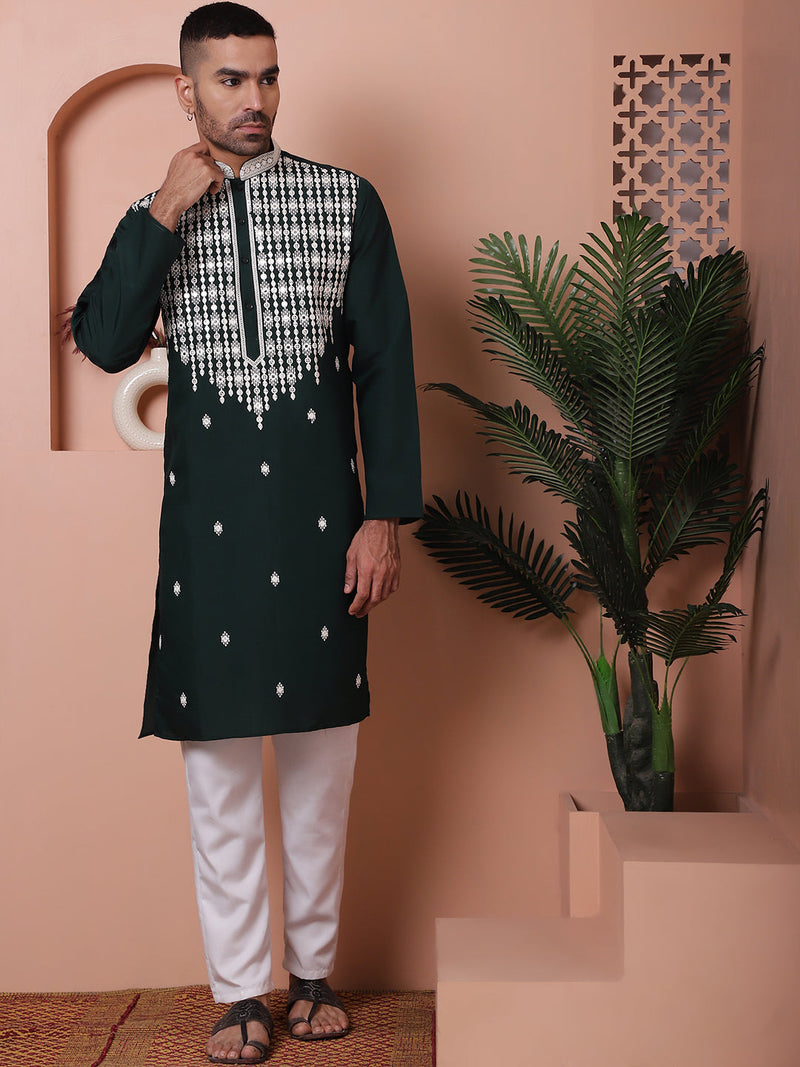 Olive Green Embroidered With Mirror Work Silk Kurta