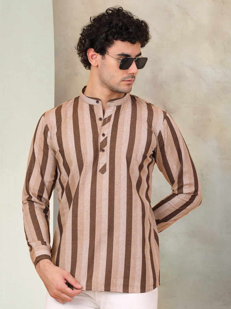 Men's Beige Striped Short Kurtas