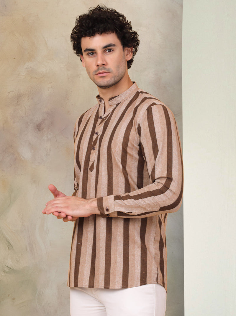 Men's Beige Striped Short Kurtas