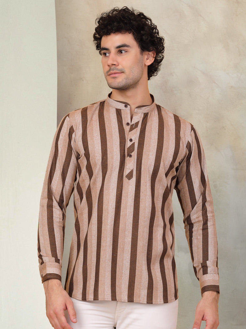 Men's Beige Striped Short Kurtas