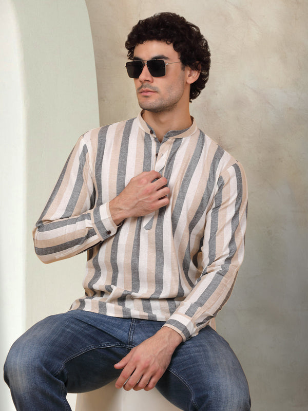 Men's Grey Striped Short Kurtas