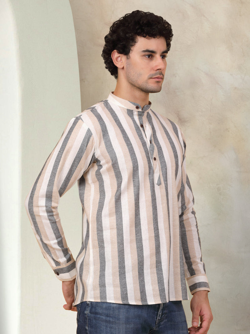 Men's Grey Striped Short Kurtas