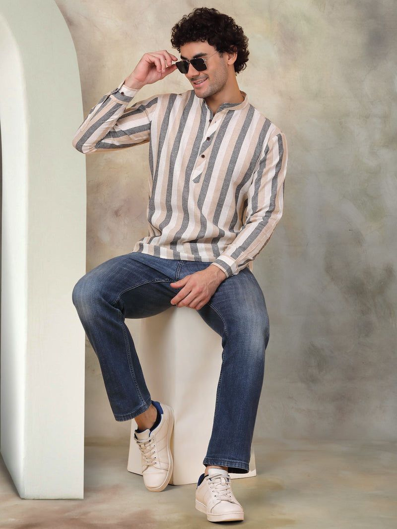 Men's Grey Striped Short Kurtas