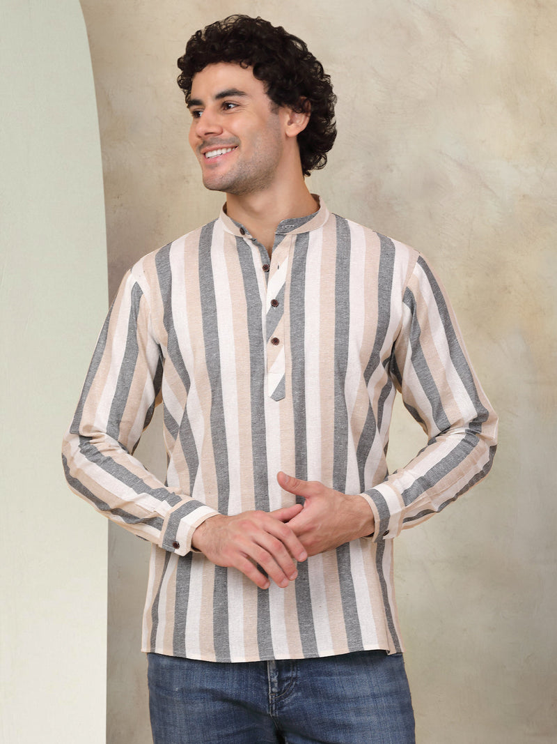 Men's Grey Striped Short Kurtas