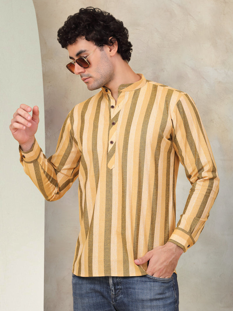 Men's Yellow Striped Short Kurtas