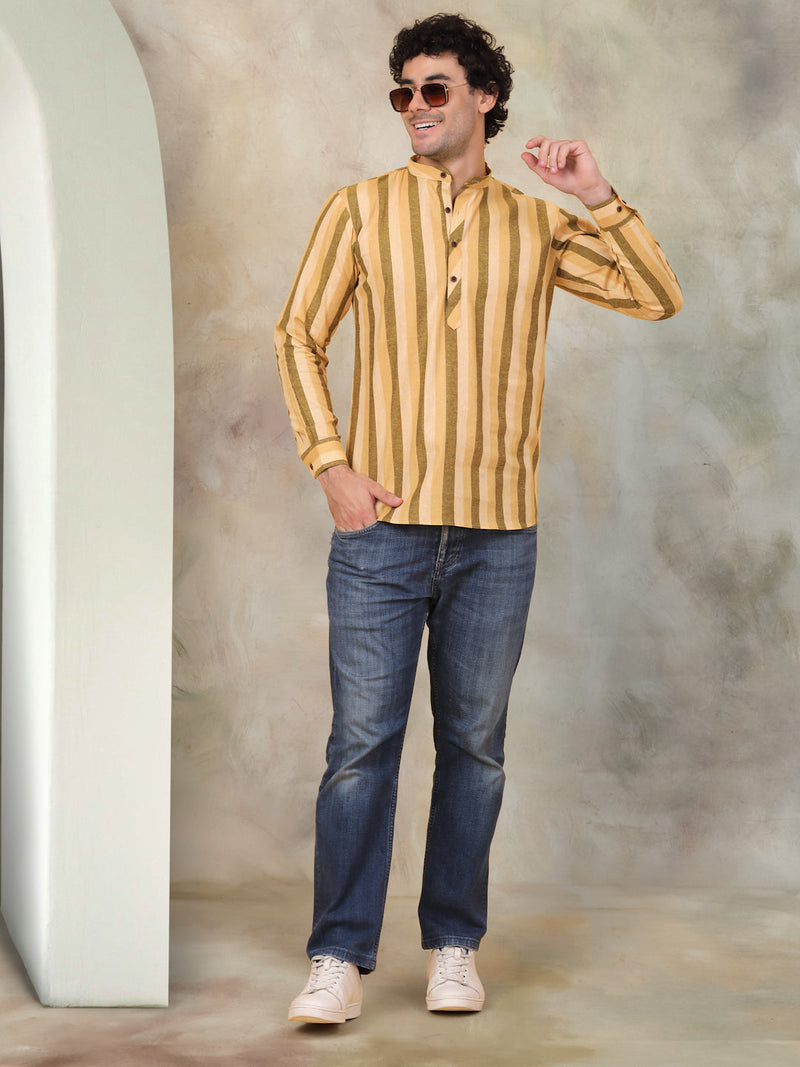 Men's Yellow Striped Short Kurtas