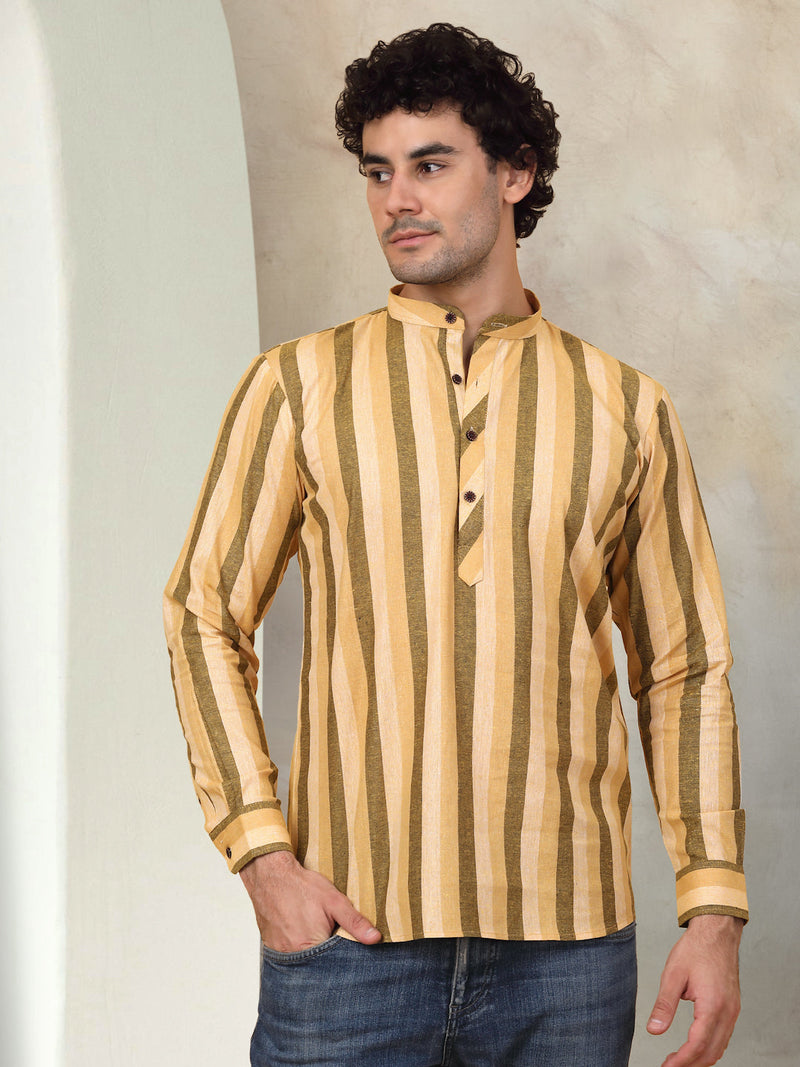 Men's Yellow Striped Short Kurtas