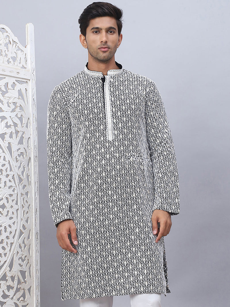 Men's Black Chikankari Embroidered and Sequence Kurtas