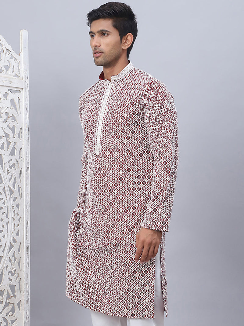 Men's Maroon Chikankari Embroidered and Sequence Kurtas