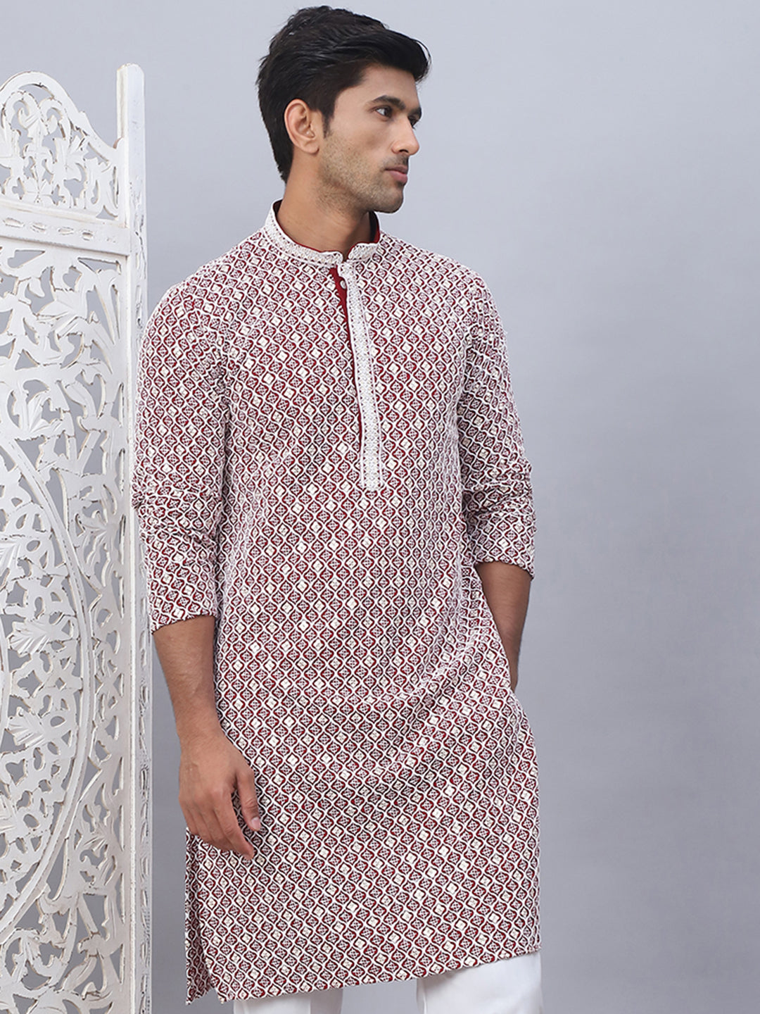 Men's Maroon Chikankari Embroidered and Sequence Kurtas